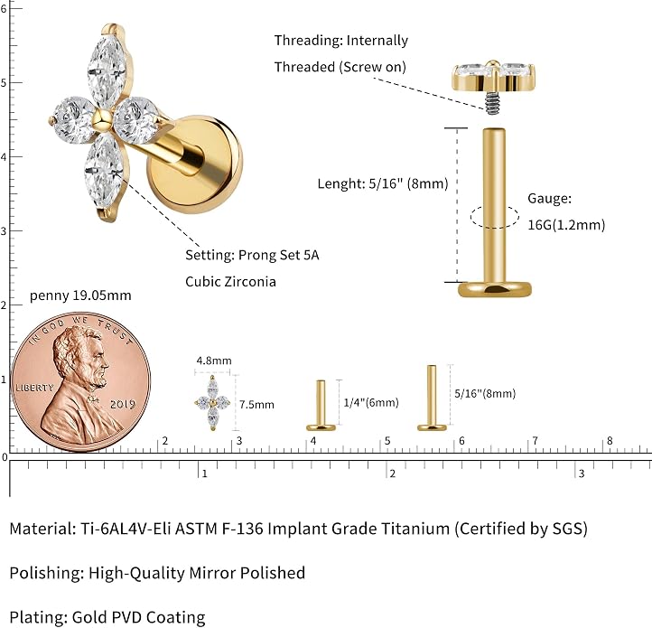 FINE4U 1PC ASTM F136 Titanium 16G Flatback Stud for Tragus, Helix, Conch 6mm 8mm - Screw on Cartilage Earring Piercing Jewelry