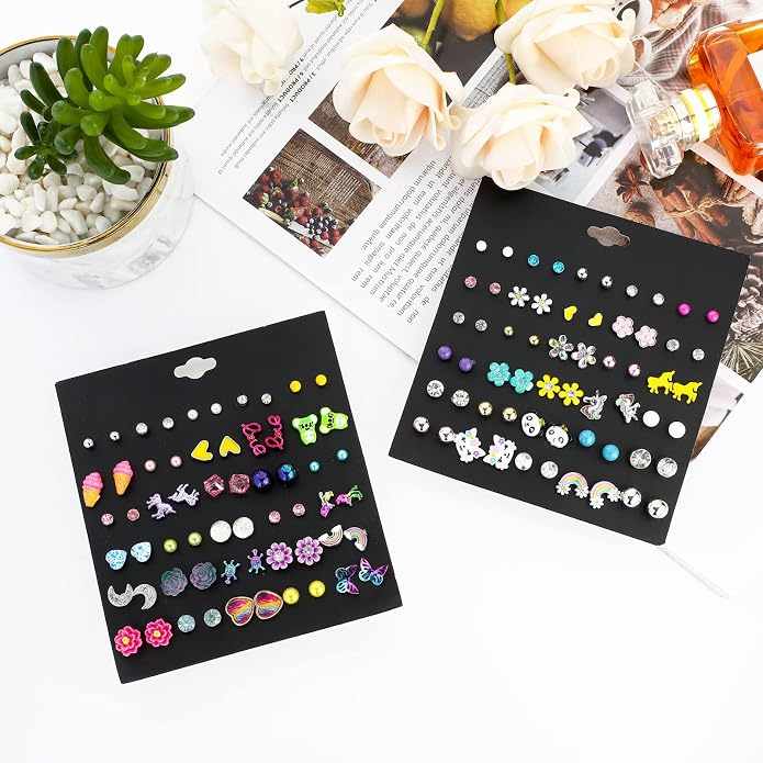 NEWITIN 100 Pairs Colorful Cute Earrings for Girls Sensitive Ears Hypoallergenic Girl Stud Earrings Set Stainless Steel Cartoon Stud for Girls and Women