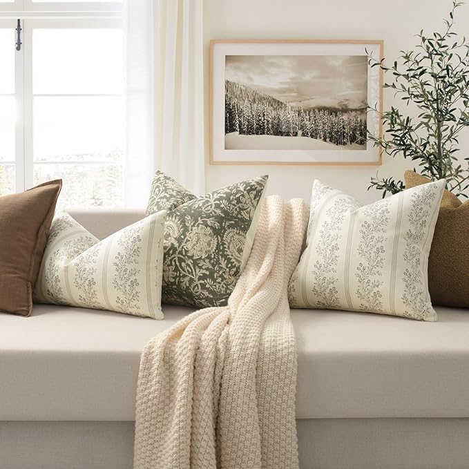 Vintage Throw Pillow Covers 20x20 Set of 2, Striped Floral Pillow Cover Botanical Patterned Decorative Cushion Covers Modern Farmhouse Home Decor for Sofa Couch Bed Living Room, Light Taupe