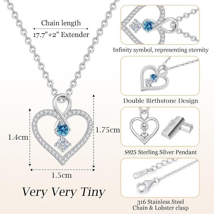 LOUISA SECRET Double Birthstone Necklaces for Women, 925 Sterling Silver Infinity Love Heart Pendant Necklace for Her, Birthday Anniversary Valentine's Day, Christmas, Wedding, Graduation Gift for Her, Personalized Gifts, Jewelry Gifts for Wife Mom Gir...