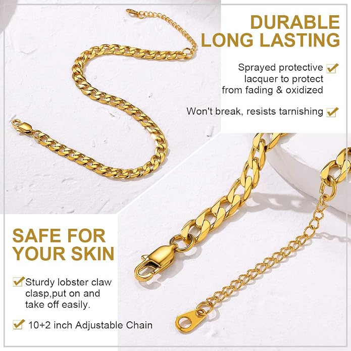 GoldChic Adjustbale Link Chain Anklet for Women Summer Jewelry, 316L Stainless Steel Figaro/Wheat/Twist Rope/Cuban Foot Bracelet-Waterproof, Resizable 9"-12" (Gift Box Included)