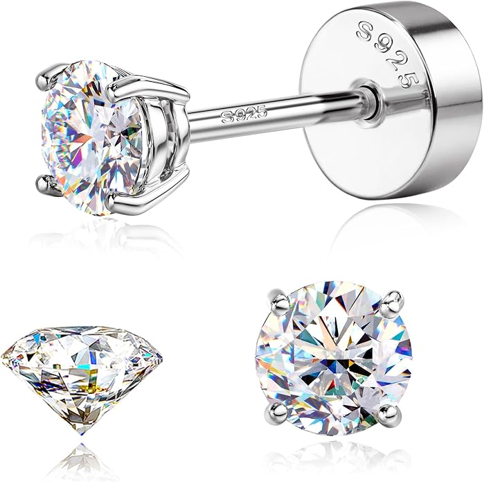 GEMQUEEN Moissanite Earrings Studs : 18K Gold Plated Solid 925 Sterling Silver Stud Earring for Women Men Hypoallergenic Dainty Moissanite Jewelry for Sensitive Ears Round Cut D Color VVS1 2-7.5mm