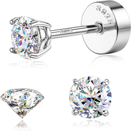 GEMQUEEN Moissanite Earrings Studs : 18K Gold Plated Solid 925 Sterling Silver Stud Earring for Women Men Hypoallergenic Dainty Moissanite Jewelry for Sensitive Ears Round Cut D Color VVS1 2-7.5mm