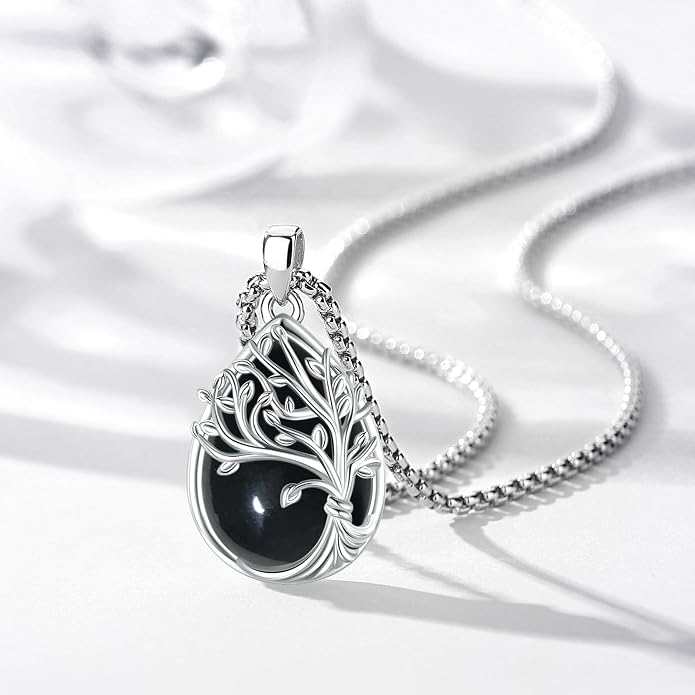 Sterling Silver Tree of Life Necklace for Women Oval Family Tree Necklace Abalone Shell Moonstone Pendant Mother Day Necklace for Mom Tree of Life Jewelry