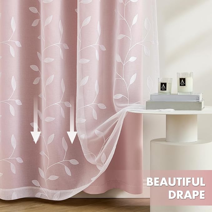 MIULEE Double Layer Curtains 96 Inches Long, White Leaf Patterned Sheer Floral Drapes and Pink Blackout Room Darkening Window Curtains for Living Room Bedroom, Grommets Top, 52" W x 96" L, 2 Panels