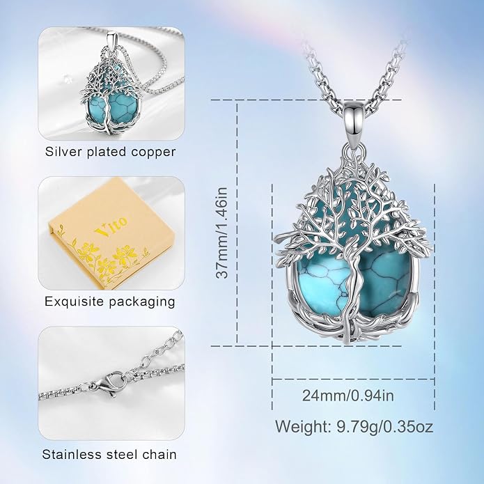 Vito Tree of Life Necklace for Women Men, Silver Plated Copper Teardrop Moonstone/Obsidian/Turquoise/Amethyst/Malachite Crystal Tree Necklace Protection Energy Amulet Jewelry Gift for Mom Wife, 20+2"