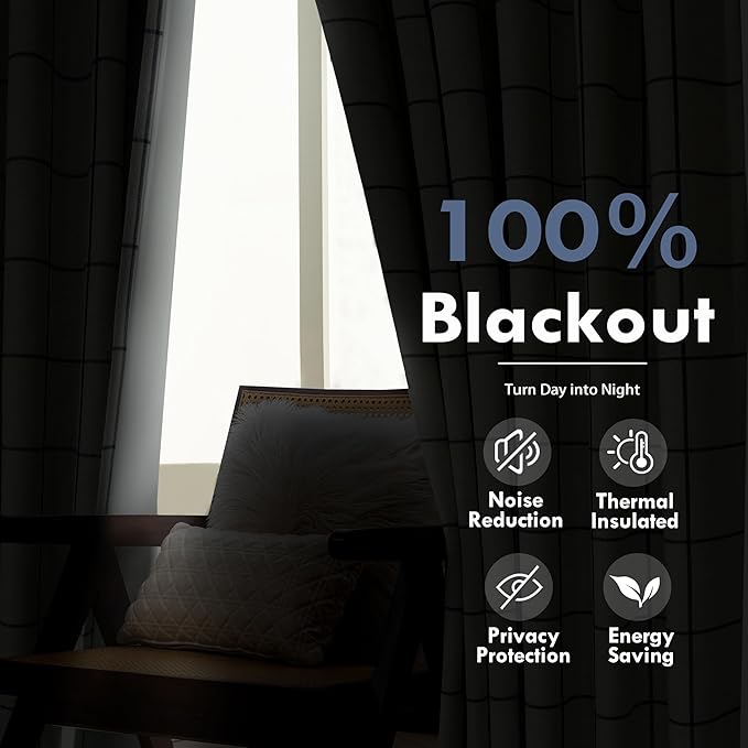 DriftAway 100% Blackout Plaid Curtains 96 Inches Long 2 Panels Navy Blue | 100% Blackout, Linen Texture, Plaid Pattern, Two Layers, Rod Pocket & Back Tab, Bedroom Living Room Use, Luxury Appearance