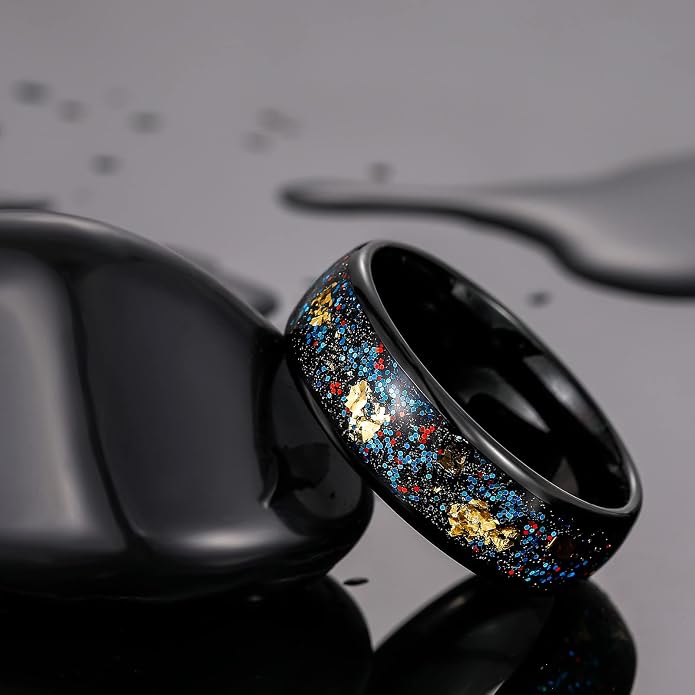 TRUMIUM 4mm 6mm Wedding Rings for Men Women Tungsten Carbide Galaxy Opal and Sandblast Inlay Multi-Colored Mens Wedding Band Beveled Edges Comfort Fit Size 5-13