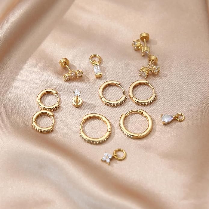 Stainless Steel Stud Earrings Set for Women Hypoallergenic Flat Back Cartilage Earrings Screw Back Huggie Hoop Earrings Multiple Piercing Cubic Zirconia Helix Tragus Jewelry