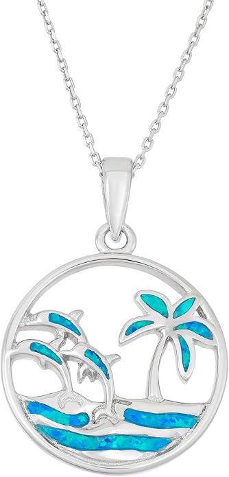 Created Blue Opal Ocean Necklace for Women, 925 Sterling Silver Pendant, 18 Inch Chain, Beach and Sea Life Jewelry Collection