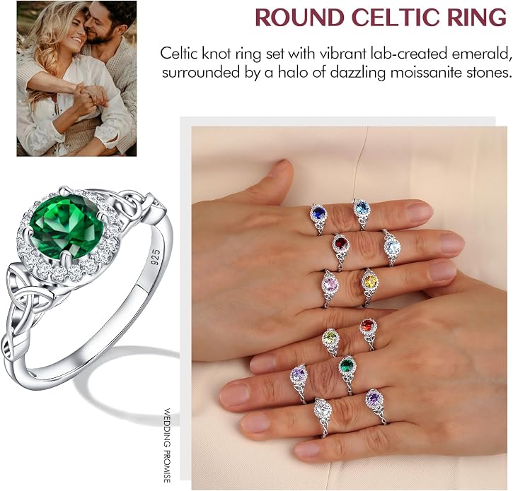 DAYBYDAY Celtic Birthstone Rings for Women 925 Sterling Silver Heart/Round/Pear/Oval Created Gemstone Moissanite Halo Engagement Promise Rings for Her Wife Birthday Anniversary Wedding Jewelry
