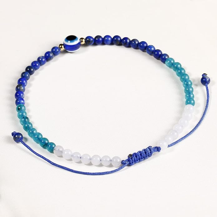 Evil Eye Anklet Bracelets for Women Energy Healing Crystals and Gemstones Worry Stone Beach Foot Meditation Yoga Jewelry