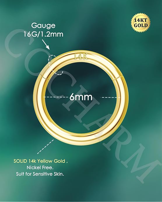 COCHARM 14K Solid Gold 18g/16g Nose Rings 16G Septum Rings Yellow Gold Tragus Helix Cartilage Conch Earring Hoops 18 Gauge Piercing Hoop
