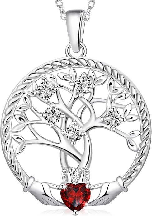 Birthstone Tree of Life Necklace for Women, 925 Sterling Silver Family Tree Pendant, Dainty Jewelry Birthday Mother's Day Valentine's Day Gifts for Her Mom Wife, 18"+2" Adjustable