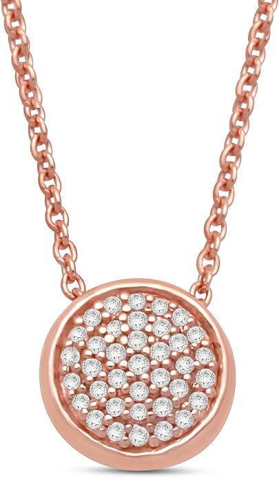 Jewelili Round Diamond Necklace Pendant 1/10 CTTW in 14K Rose Gold Over Sterling Silver with 18 inch Rolo Chain