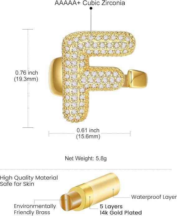 KeyStyle Bold Initial Letter Rings Adjustable, GoldChic Jewelry Women Gold Statement Ring Personalized Engraved Women’s Open Signet Ring for Party (Gold, White Gold, Black)