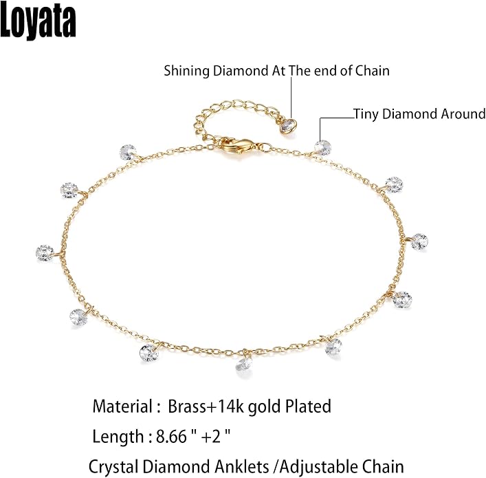 LOYATA Dainty Ankle Bracelet,14K Gold Plated Tiny Bead Anklet Dainty White Cubic Zirconia Cross Tassel Foot Chain Cute Lucky Moon Evil Eye Foot Jewelry Boho Anklets for Women