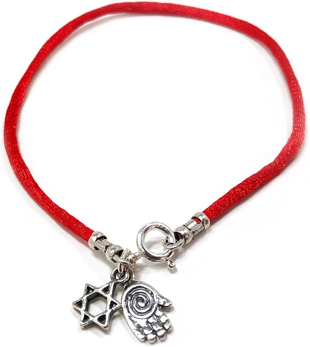 Sterling Silver Star of David Charm & Lucky Hamsa Hand Charms Bracelet on Red String Bracelet - Jewelry for Women Men & Teens - 7" Length