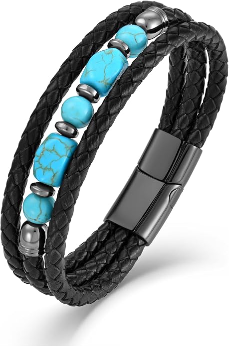 Mens Turquoise/Lapis Lazuli/Tiger Eye/Black Agate/Obsidian Leather Braided Bracelets for Father's Day/Birthdays/Graduation Jewelry Wristband Cuff Bracelet with Stainless Steel Clasp