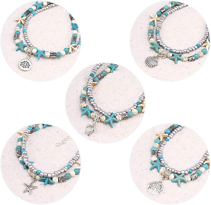 Suyi 5pcs Ankle Bracelets for Women Layered Beach Adjustable Anklets Boho Chain Anklet Foot Jewelry