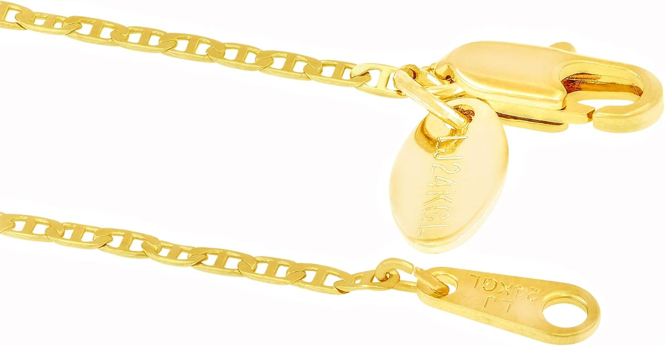 LIFETIME JEWELRY Womens Gold Anklet 1.4mm Flat Mariner Link Ankle Bracelet 24k Real Gold Plated