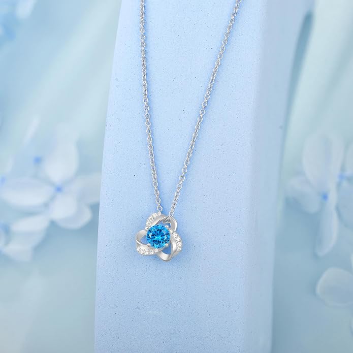 18K Gold Plated Love Knot Necklace for Women, 925 Sterling Silver Round cut Birthstone Pendant Necklace With Chain Lucky Flower Jewelry Gift