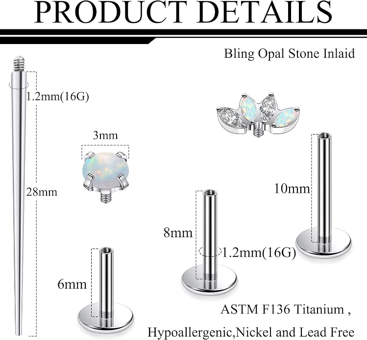 Ruifan Titanium Flat Back Lip Rings Internally Threaded Earrings Studs Nose Rings 16G Opal CZ Tragus Cartilage Lobe Rook Helix Conch Labret Medusa Piercing Jewelry for Women Men W Piercing Taper Set
