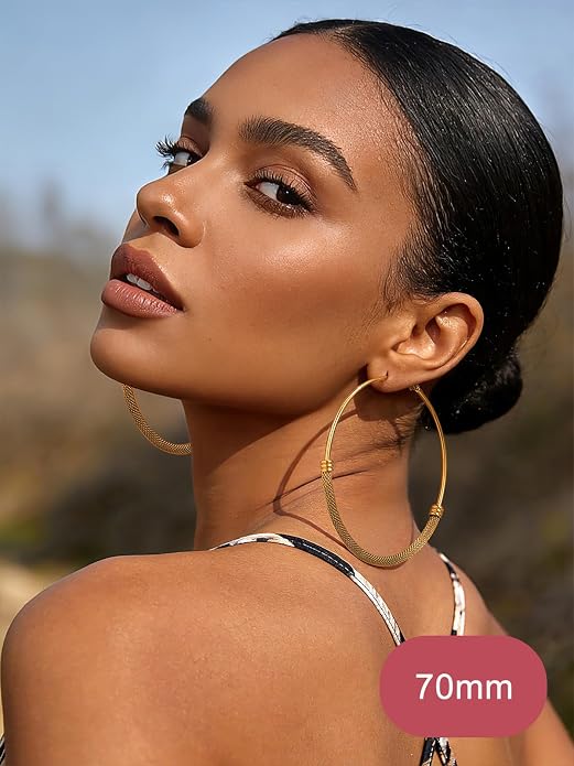FOCALOOK 14K Gold Plated Hoop Earrings, Lightweight Hypoallergenic Large Stainless Steel Black Hoops Earrings for Women 20/30/40/50/60/70/80mm