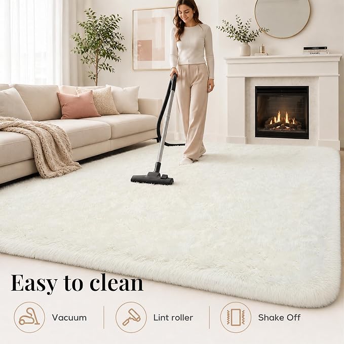 8x10 Area Rugs for Living Room Bedroom: White Soft Fluffy Shag Upgrade Non-Slip High Pile Carpet Large Fuzzy Plush Indoor Floor Decor Shaggy Rug for Kid Boys Girls Dorms Playroom Nursery Modern Home