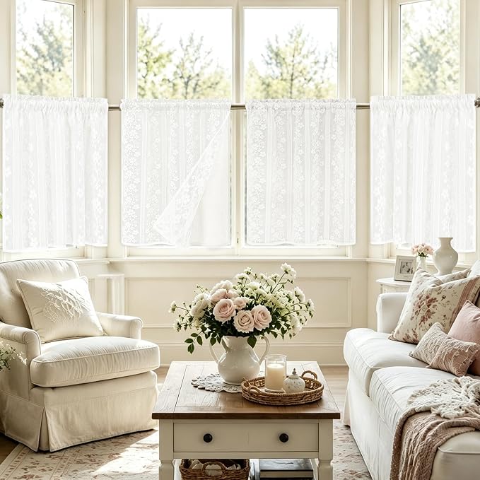 ASPMIZ Linen Kitchen Curtains Double Layer Kitchen Window Curtains Over Sink 24 Inch Length White Tier Curtain Light Filtering, Rod Pocket Cafe Curtain Short Window Treatments with 2 Tiebacks, 26x24