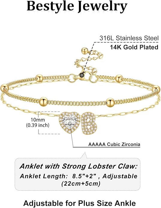 Bestyle Initial Anklet Bracelets for Women Waterproof Non Tarnish 14K Gold/White Gold Plated CZ Anklets for Women Dainty Layered Letter Heart Ankle Bracelets Adjustable Foot Chain Anklet