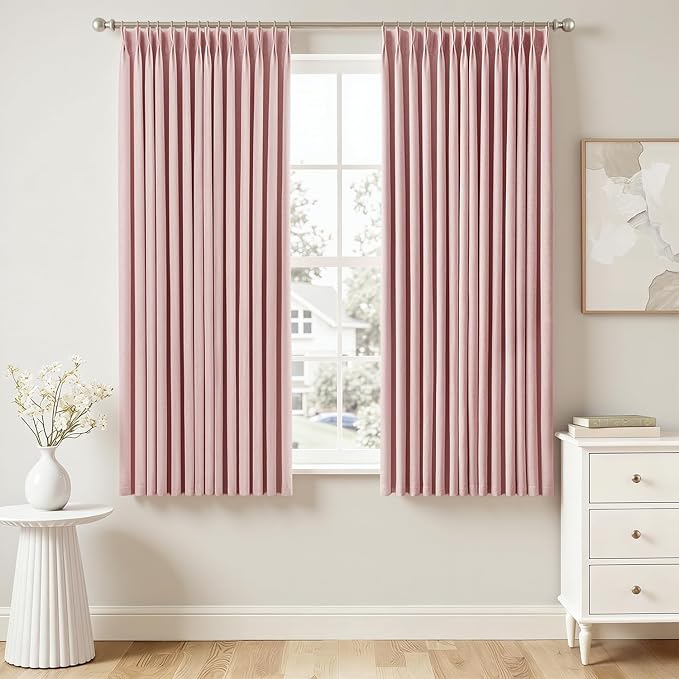 MIULEE 100% Blackout Pinch Pleated Pink Linen Curtains for Bedroom, Room Darkening Memory Trained Light Blocking Window Curtains 63 inches Long for Living Room, Black Out Pleat Drapes, 2 Panels