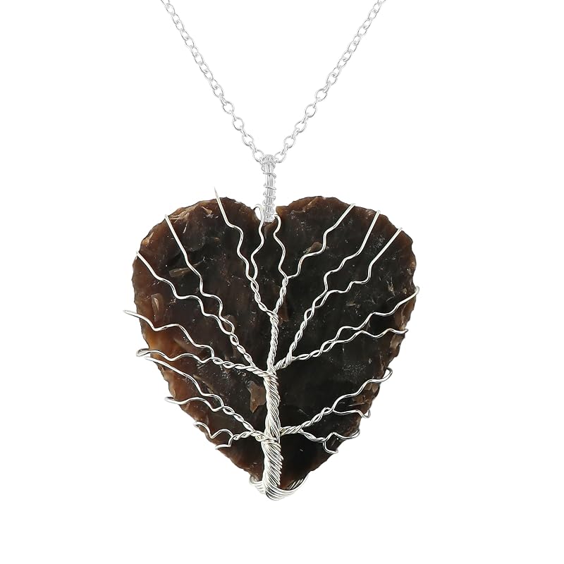Tree of Life Craft - Raw Jasper Rough Crystals Pendant Necklace, Heart & Star & Arrow Shapes, Wire Wrapping, Gift Giving Women Jewelry with Dainty Silver Plated Chain 18 inch (3pcs)