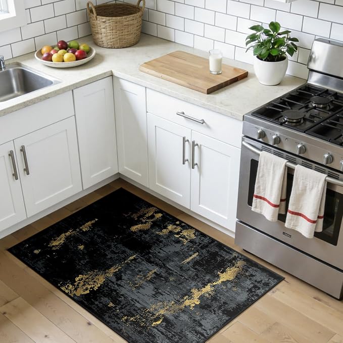 RELEANY Washable Area Rugs 3x4 Non-Slip Modern Abstract Soft for Living Room Entryway Bedroom Kitchen, Print Pattern, Dark Black Gold