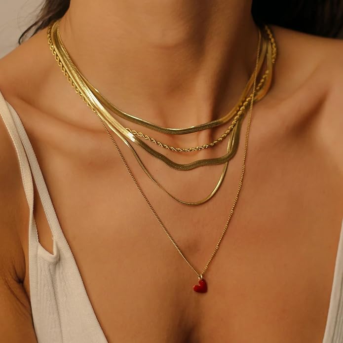 WomenGifts 14K Gold Silver Plated Herringbone Necklace for Women, Dainty Snake Chain Choker, Trendy Simple Long Layered Jewelry Non Tarnish, 3/4/5/8mm,14,16,18,20,22,24,26 Inch Thin & Chunky Options