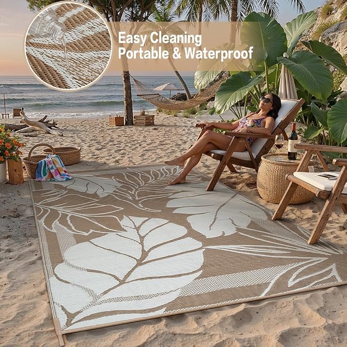 HUGEAR 8'x10' Outdoor Rug Waterproof Plastic Straw Rugs Large Brown Reversible Olive Leaf Mat Floor Carpet for Camping RV Deck Entryance Porch Picnic Balcony Beach Backyard
