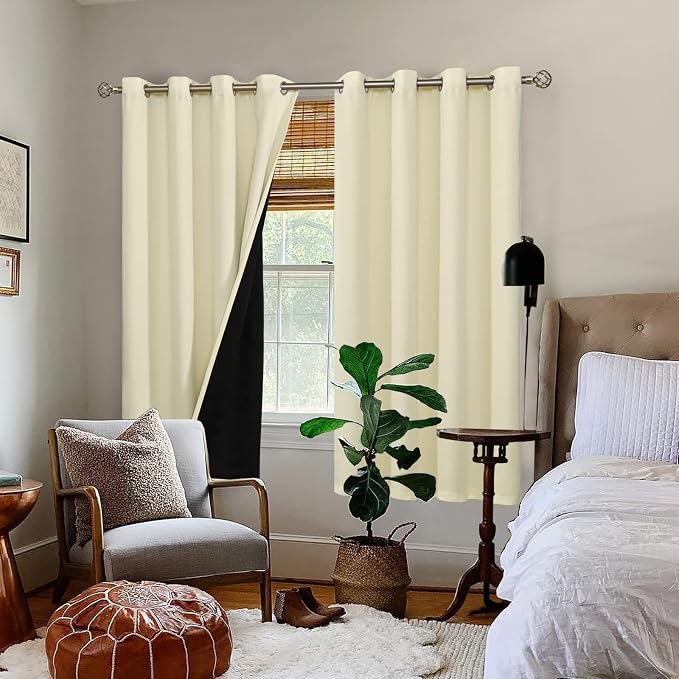 BGment Cream 100% Blackout Curtains for Living Room 72 Inch Length 2 Panels, Thermal Insulated Full Light Blocking Grommet Soundproof Window Drapes for Bedroom with Black Liner, 52 Inch Wide Each