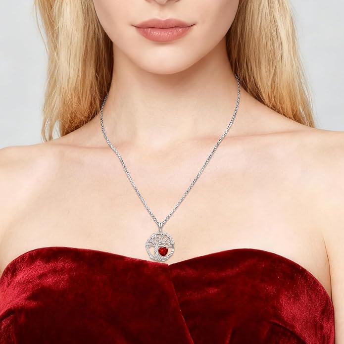 Birthstone Tree of Life Necklace for Women Heart Crystal Pendant Silver Plated Birthday Anniversary Jewelry for Wife, Mom, and Her