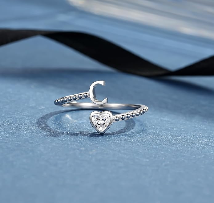 Step Forward 925 Sterling Silver Adjustable Initial Ring for Women | Non Tarnish Letter Rings for Lady | Alphabet Heart Thumb Rings | Capital Letter Jewelry Gifts