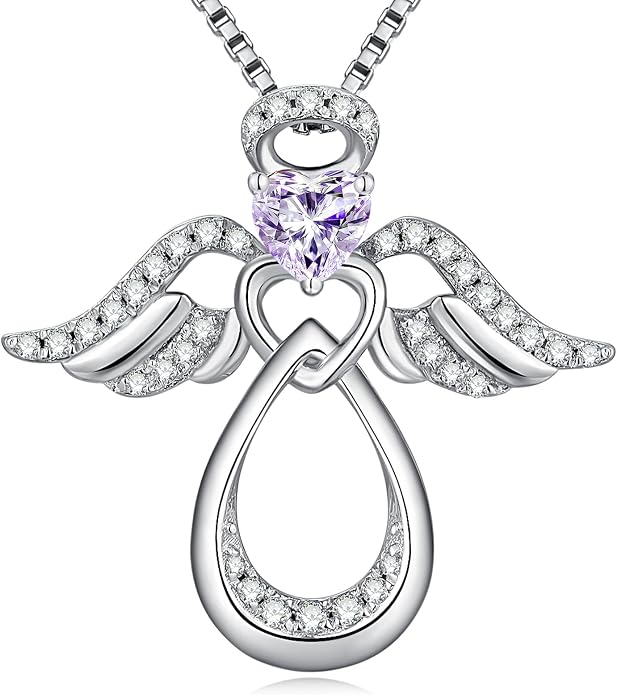 925 Sterling Silver Guardian Angel Pendant Necklace for Women with Birthstone Cubic Zirconia Little Angel Pendant Necklace Jewelry 18 inch Chain