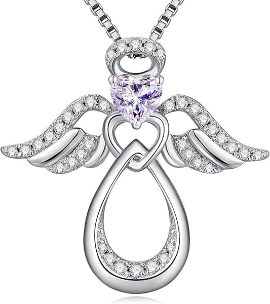 925 Sterling Silver Guardian Angel Pendant Necklace for Women with Birthstone Cubic Zirconia Little Angel Pendant Necklace Jewelry 18 inch Chain