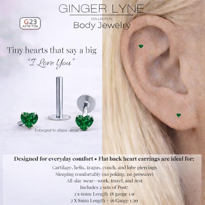 Titanium Heart CZ Labret Stud Earrings for Piercings by Ginger Lyne 6Pc Set G23 Screw Front Flat Back Body Jewelry 2 pair post 6mm, 8mm Cartilage, Helix, Tragus, Lip, Conch, Lobe