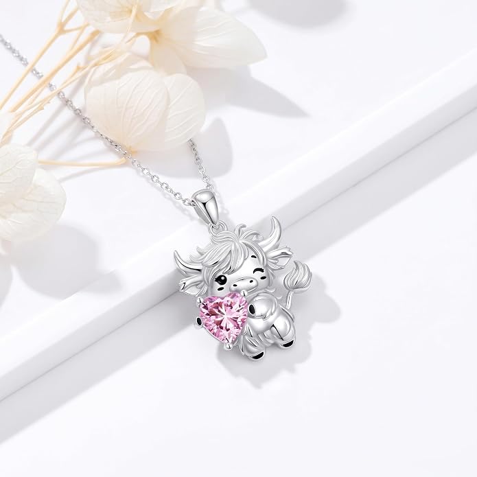 PELOVNY Teddy Bear Necklace for Women 925 Sterling Silver Bear/Highland Cow/Fox/Cat/Axolotl Birthstone Necklace Christmas Birthday Jewelry Gifts for Mom Daughter Wife Sister