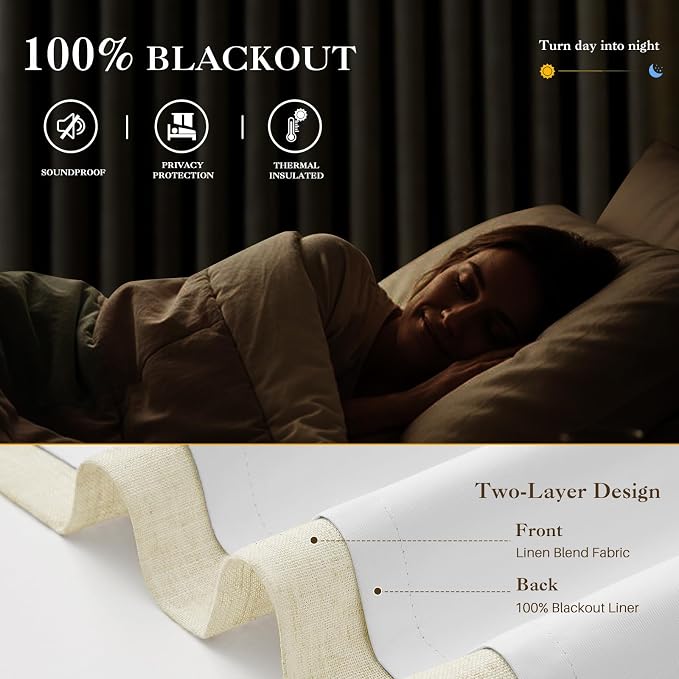 Cream Beige Pinch Pleated Full Blackout Linen Curtains for Bedroom, Black Out Curtains 95 Inches 1 Panel for Living Room Darkening Thermal Insulated Neutral Pleat Drapes with 12 Hooks, 60''Wx95''L