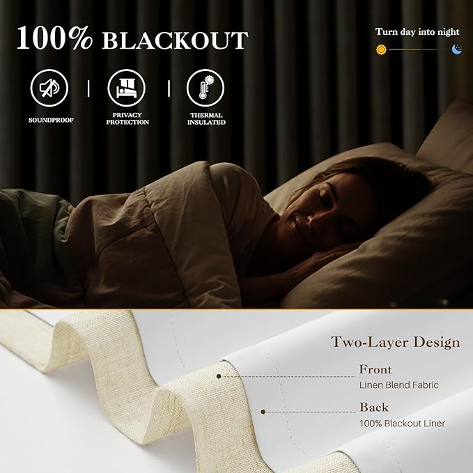 Cream Beige Pinch Pleated Full Blackout Linen Curtains for Bedroom, Black Out Curtains 84 Inches 1 Panel for Living Room Darkening Thermal Insulated Neutral Pleat Drapes with 12 Hooks, 60''Wx84''L