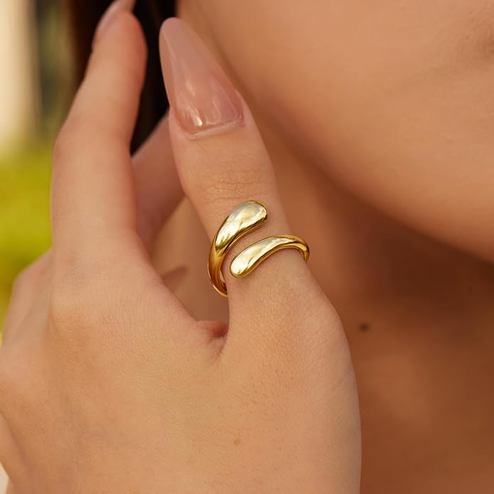 Non Tarnish Gold Chunky Rings for Women, 14K Gold Plated Statement Dome Rings Stacking Silver, Adjustable Mens Eternity Wedding Band Mixed Metal Jewelry Size 3-13