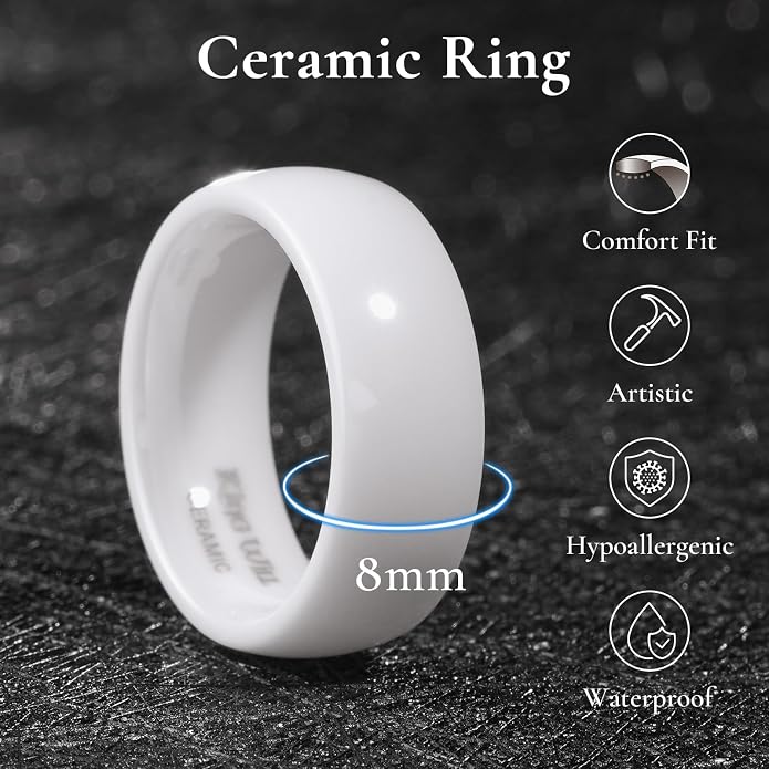 King Will Ceramic Wedding Band for Men Women-6-8mm Width Black & White with Multi Style Design Promise Rings Comfort Fit Size 7-14