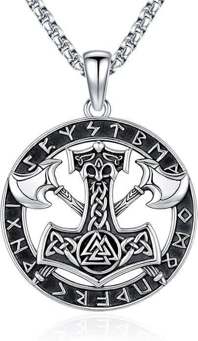 Eusense Viking Necklace for Men Women 925 Sterling Silver Pendant Thors Hammer/Norse Runes/Odin's Ravens/Wolf/Dragon/Snake/Yggdrasil/Freya/Helm of Awe/Valknut/Triskelion/Axe/Shield Viking Jewelry