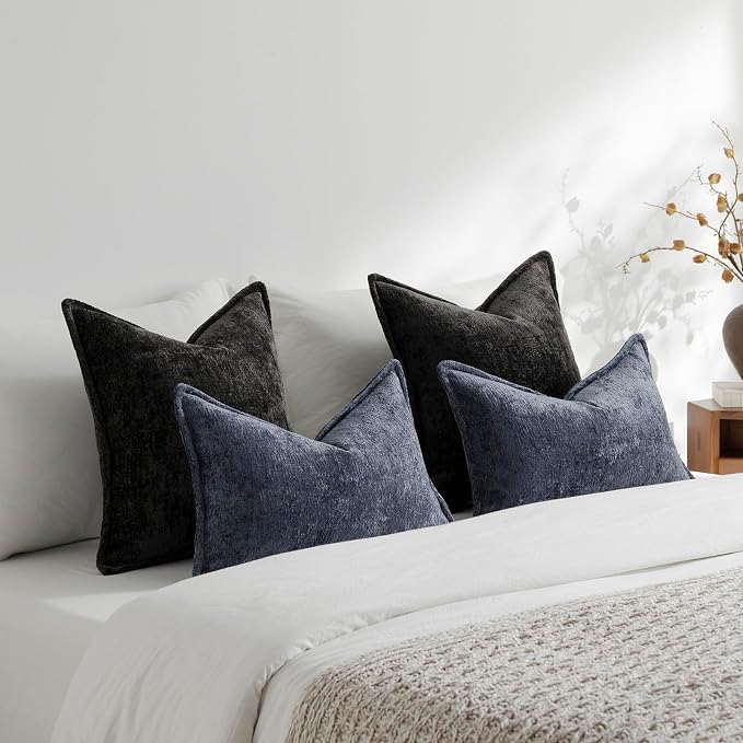 DEZENE Pack of 2 Black Decorative Throw Pillow Covers 22x22 Cozy Soft Chenille Accent Vintage Square Couch Pillow Covers for Home Decor Bed Sofa Living Room