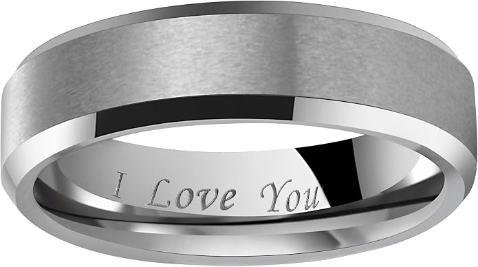 Crownal 4mm 6mm 8mm Black/Silver/Gunmetal/Gold Tungsten Wedding Couple Bands Rings Men Women Matte Brushed Finish Center Engraved "I Love You" Size 4 To 17